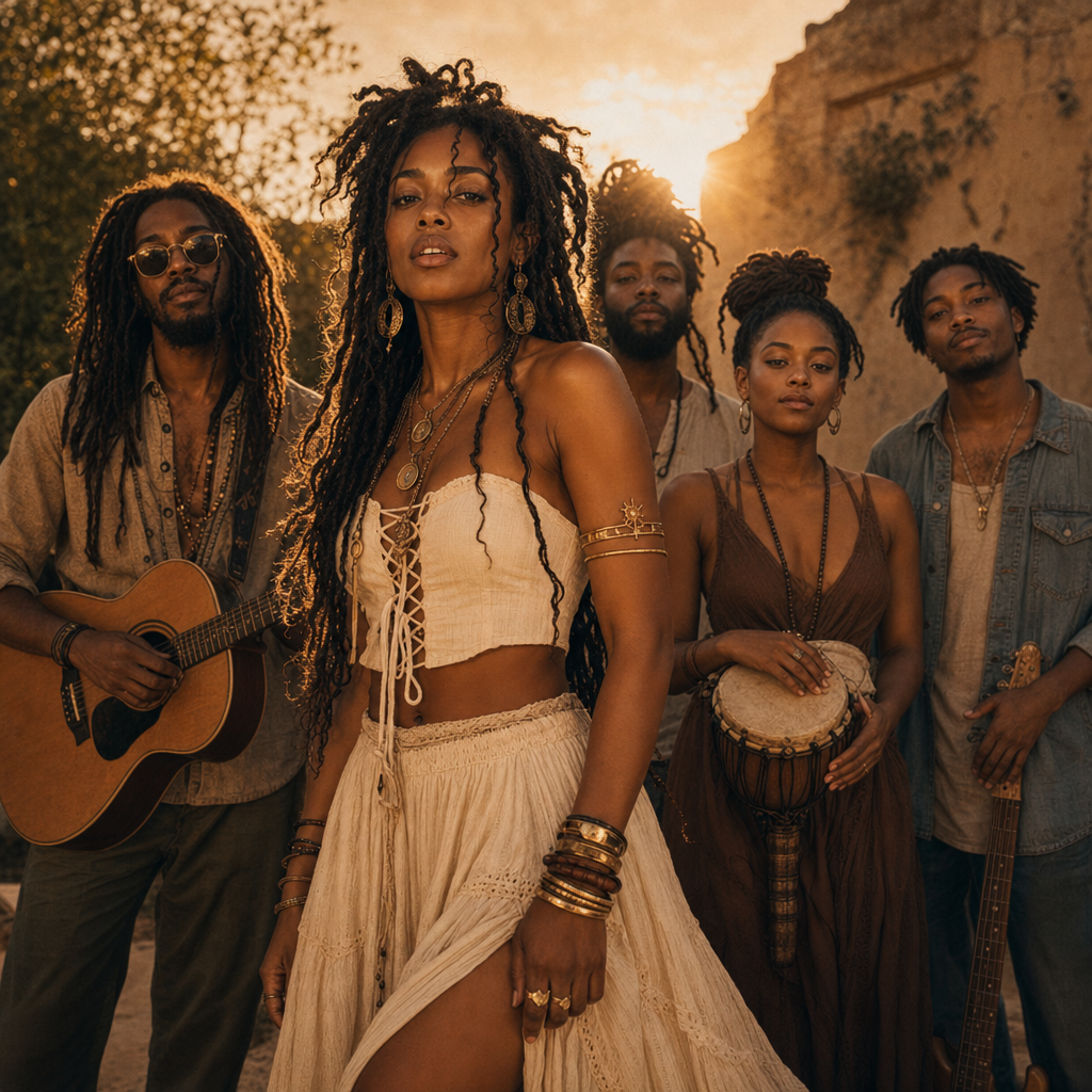 Inner Light Tales — five musicians at golden hour with acoustic guitar and hand drum
