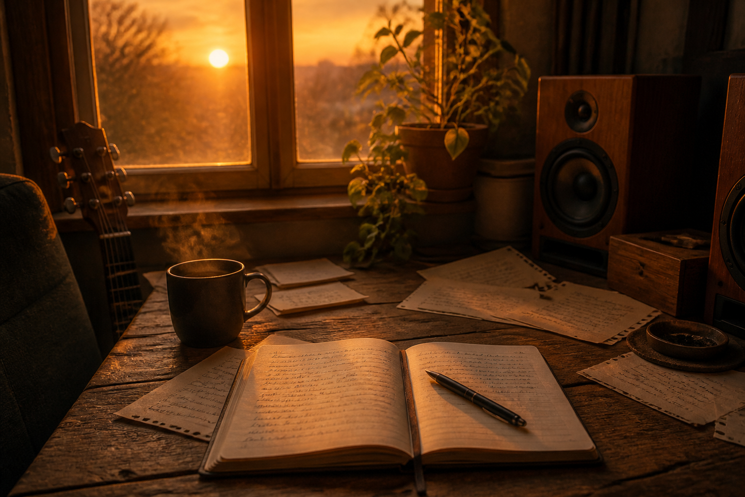 A warm wooden desk at sunset — open notebooks, handwritten pages, acoustic guitar, and studio monitors in golden light