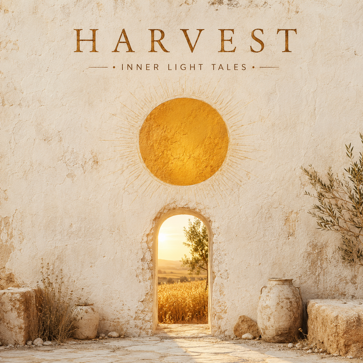 Harvest album cover — desert plaster, painted sun, narrow gate