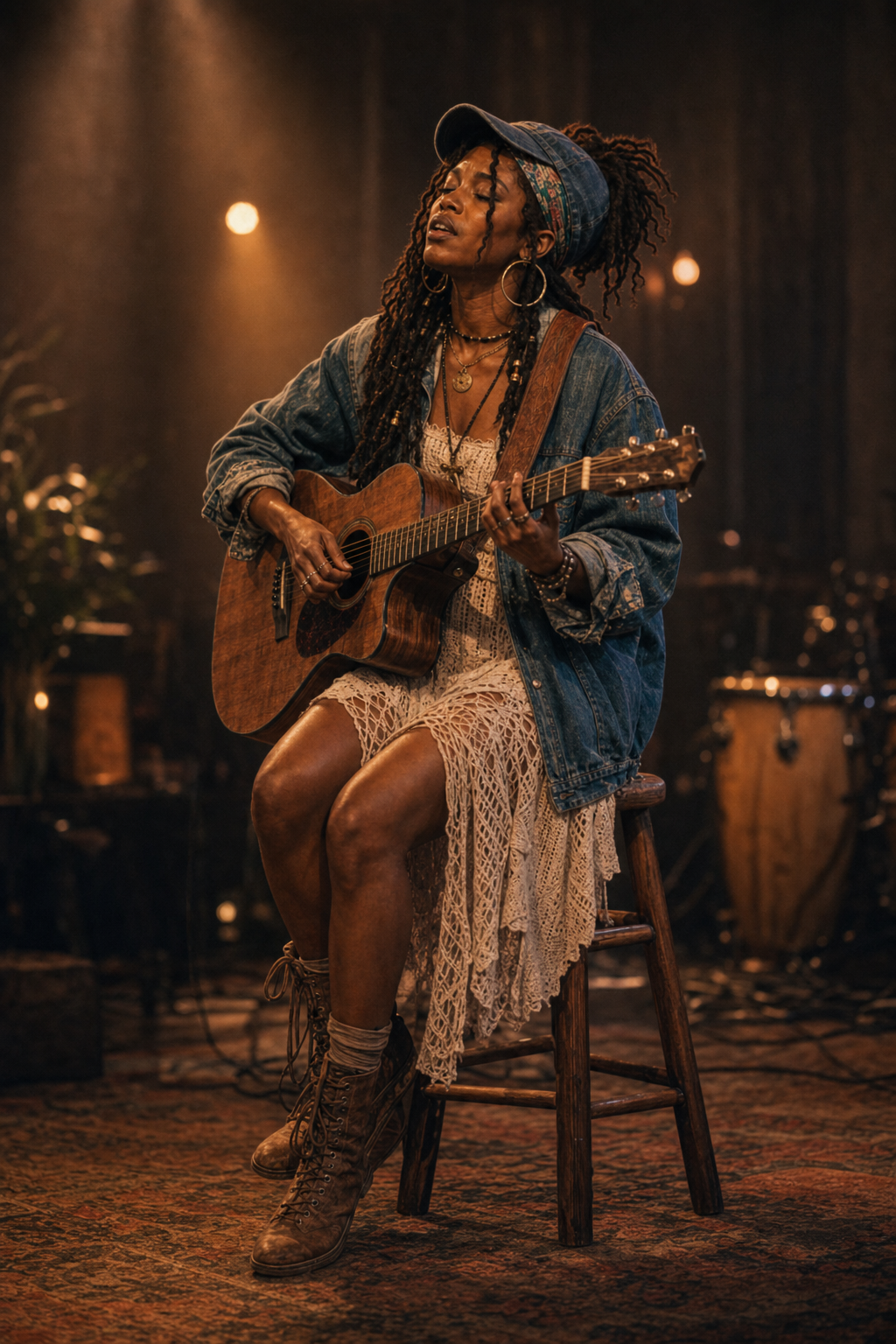 Look at What Grows — warm night session room, seated presence with guitar, amber haze