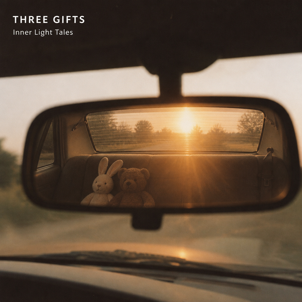 Three Gifts album cover — rearview late light, rabbit and teddy incidental in the glass