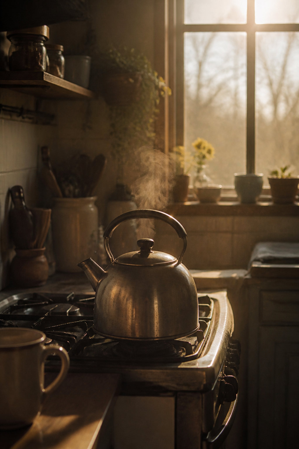 Him — quiet kitchen morning, kettle and soft window light, ordinary peace